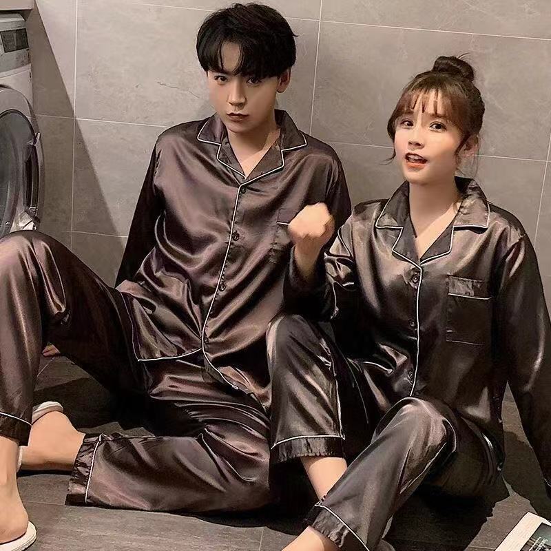 Fábrica directa de parejas pijamas de seda de hielo primavera y otoño manga larga suelta gran seda de color sólido conjunto de ropa de hogar transfronteriza