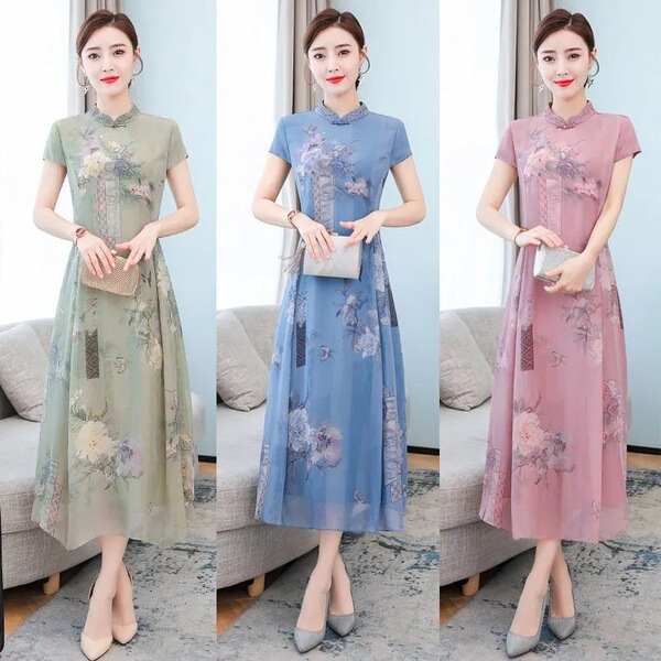 Summer Clothes 2025 New Middle-Aged Women's Cheongsam Improved Version of Wife's Long-Sleeved Mother's Short-Sleeved Dress Elegant