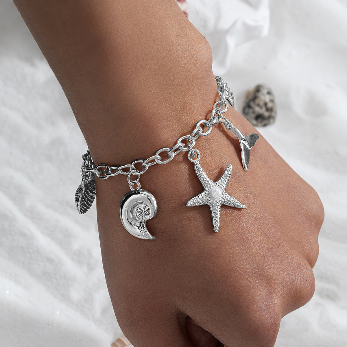 Cross-Border Fashion Beach Vacation Style Alloy Starfish Shell Scallop Mermaid Tassel Pendant Adjustable Bracelet for Women