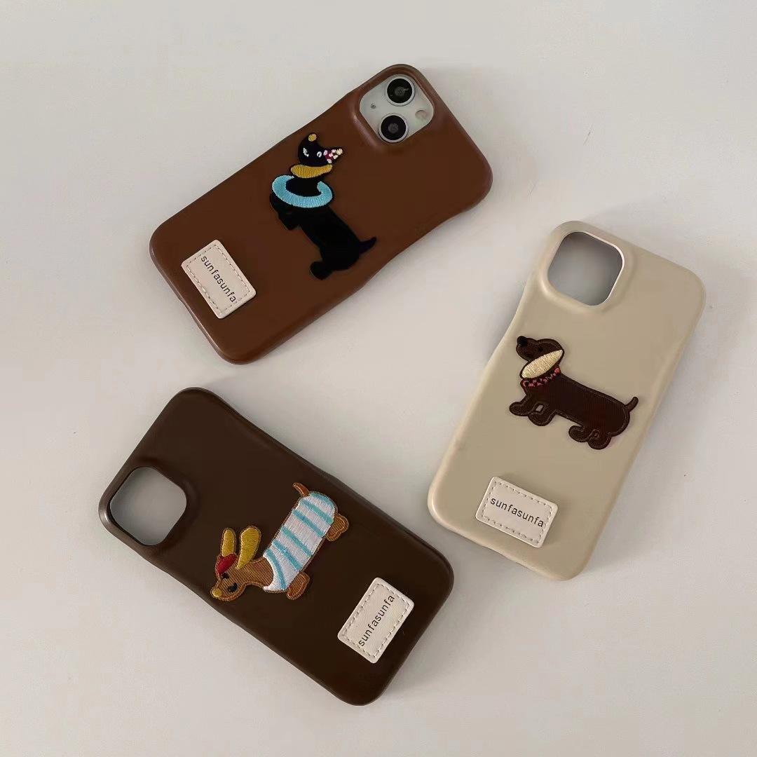 Nuevo patrón de cuero bordado cachorro gato para iPhone14PM funda para teléfono móvil 15ProMax Apple 13 pareja 12