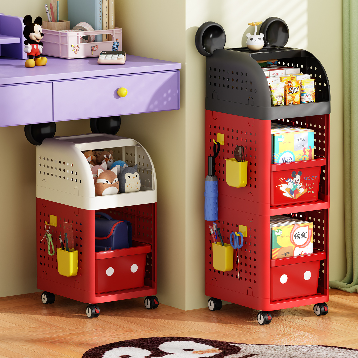 School Bag Storage Cabinet School Student Floor-Standing Bookshelf Storage Rack Removable Trolley Book Reading Shelf under the Table