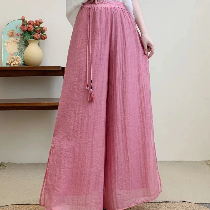 Широкие брюки из тенселя с китайскими кистями в ретро-стиле для женщин, лето 2025, новые, свободные, стройнящие, универсальные, двуслойные, повседневные