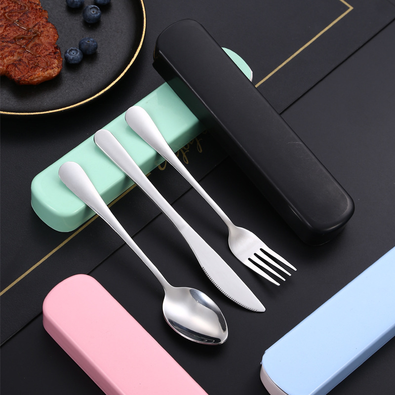Juego portátil de cubiertos de acero inoxidable, incluye cuchillo, tenedor y cuchara, ideal para estudiantes o camping