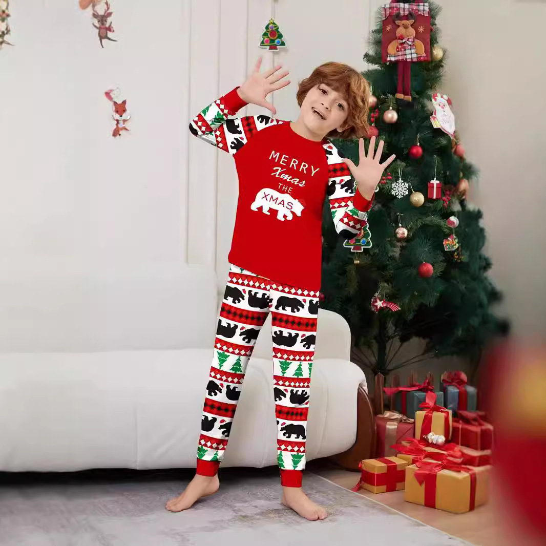 Christmas tree Bear letter stripes Christmas family dress printed home wear_voghion.com