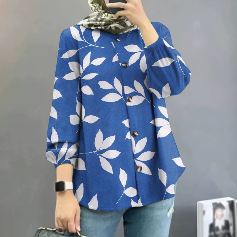 Кросс-бордерная женская мусульманская рубашка с цветочным принтом Amazon Ближний Восток Малайзия 2024, модные пышные рукава, оптовая партия от производителя