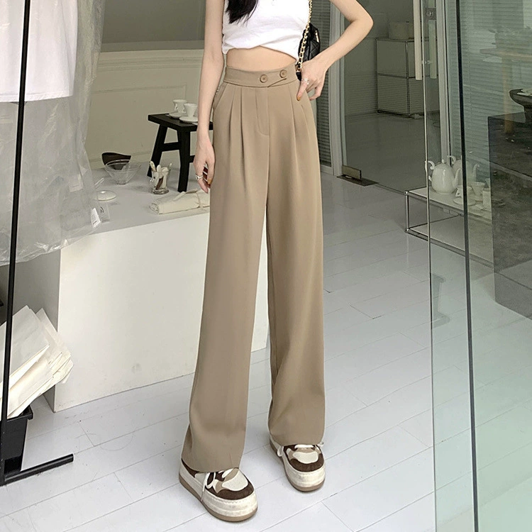 High-Waist Wide-Leg Trousers, Women's Korean Straight Fit, Loose Tailored Design, Black/Khaki/White
