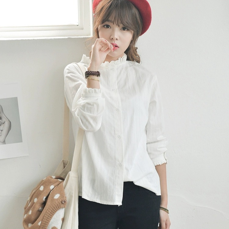 韩国秋季学院小清新百搭木耳花边立领长袖棉麻简约纯色打底衬衣女