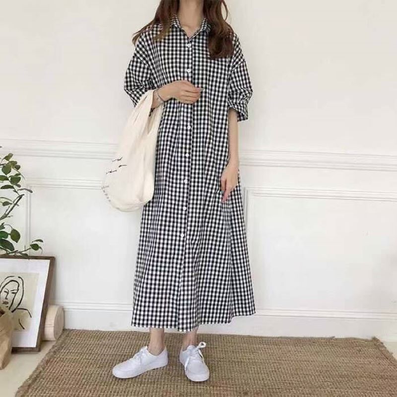 Korean-style Plaid Shirt dress Women's 2023 Spring/Summer Short-sleeved Cotton/Linen Super Long Knee-fit Loose Stylik Shirt
