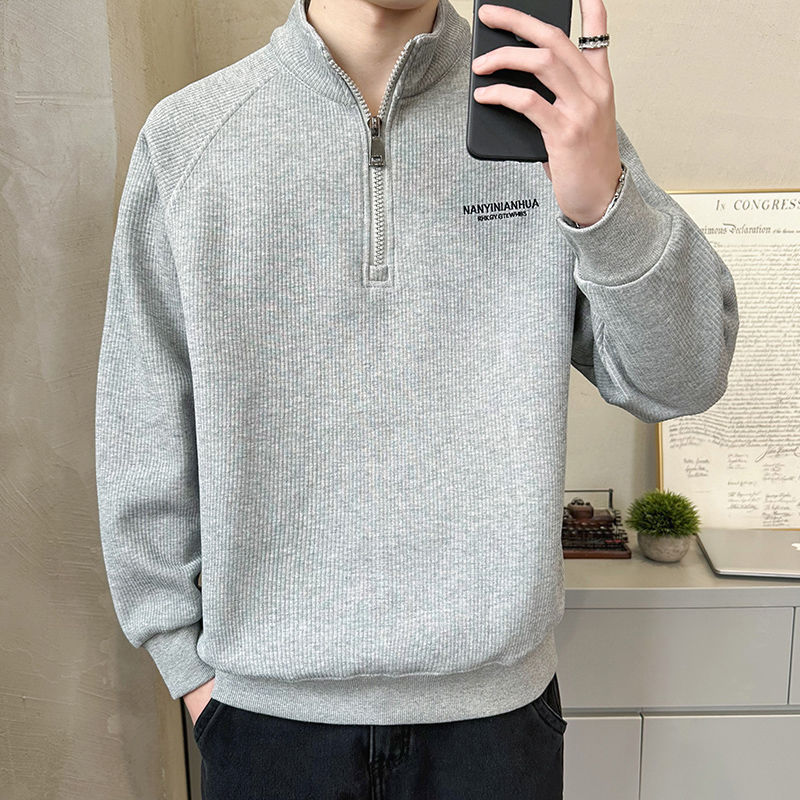 半拉链卫衣男立领春春秋宽松加绒长袖上衣男士外套潮牌刺绣打底衫|undefined