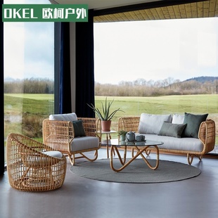 # Outdoor Sofa Rattan Chair Tea Table Combination Simple Leisure Indonesia Real Rattan Homestay Balcony Furniture Villa Indoor