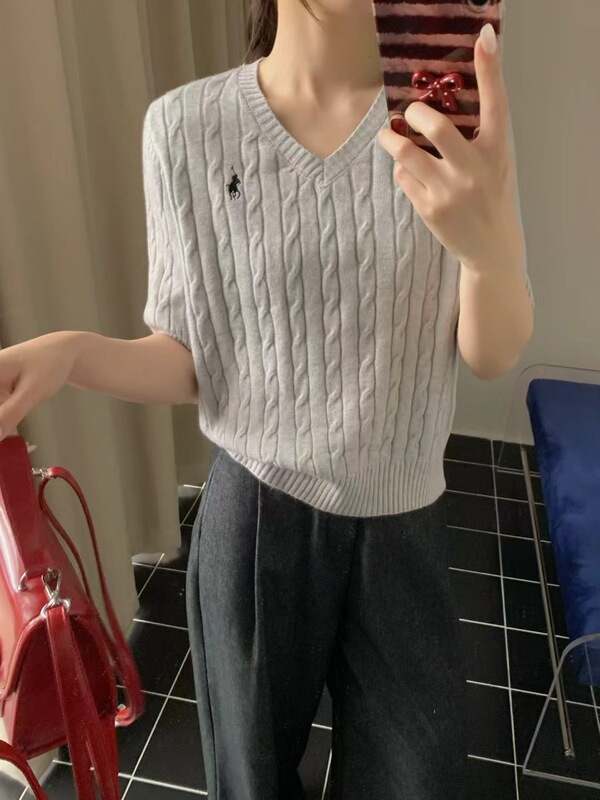 春秋小马刺绣短袖V领针织衫女经典麻花毛衣时尚休闲通勤显瘦上衣|undefined