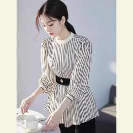 2025高端欧货洋气小衫高级感通勤风条纹七分袖衬衫中长款收腰显瘦