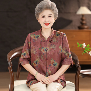 Summer Clothing for the Elderly, Chinese Style Three-Quarter Sleeve Shirts for Mothers, 60 and 70 Year Old Grandma Shirts, Old Ladies Tang Suit Tops