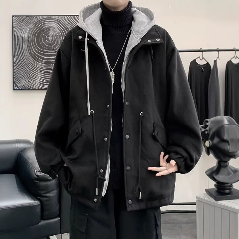 겨울 두꺼운 모직 코트 남자의 느슨한 가짜 투피스 후드 모직 코트 소년 트렌디 브랜드 윈드 브레이커 중간 길이