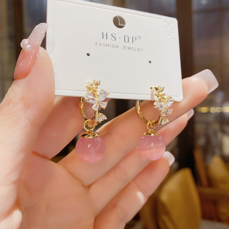 Fashion Gold Copper Inlaid Zirconium Flower Cat Eye Hoop Earrings