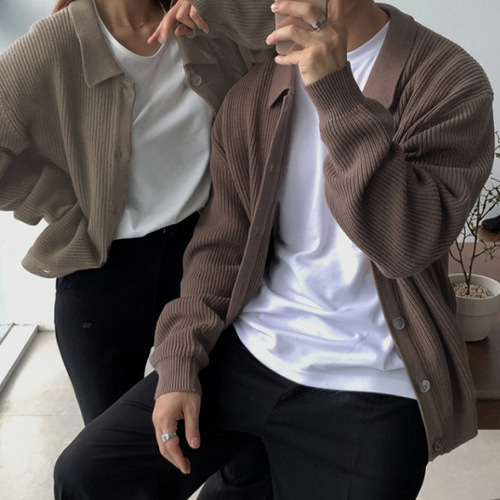 Men's High-End Knit Cardigan Jacket, Spring and Autumn Korean Version, Trendy Casual Collar Woolen Coat in Navy Blue