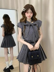miu 財閥娘グレー水玉ドレスレディースサマーカレッジスタイルスイートリボンウエストプリーツスカート