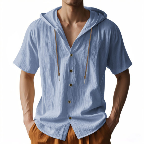 Cross-border Amazon American Short-sleeved T-shirt Men's Summer Thin Breathable Linen Ami Kaji Hooded Short-sleeved Shirt Men