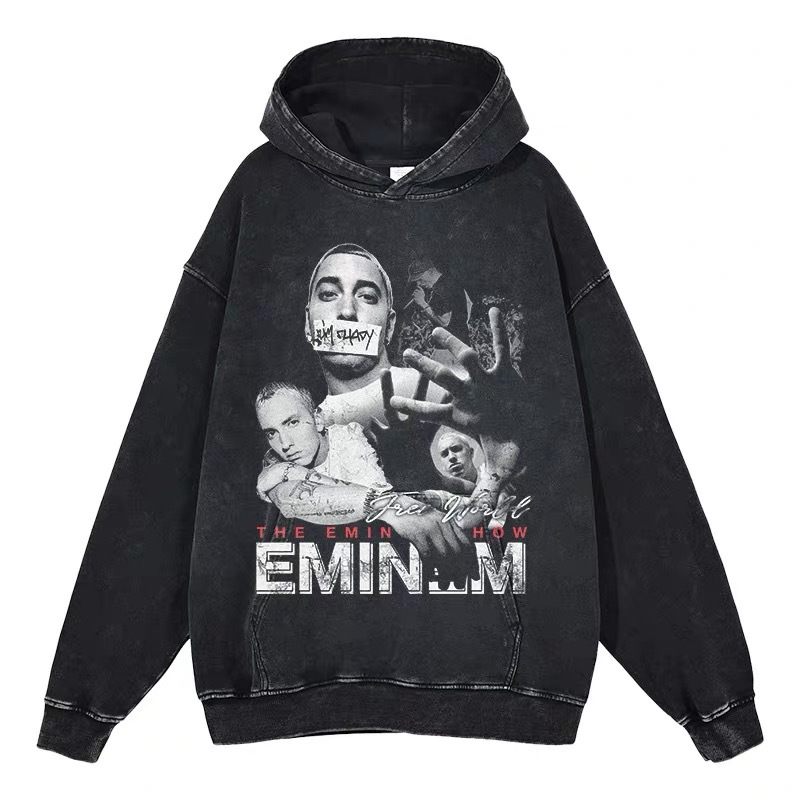 Eminem Travis Scott Tupac XXX American Hip Hop Rap Vintage Imprint Water Washed Hooded Sweater