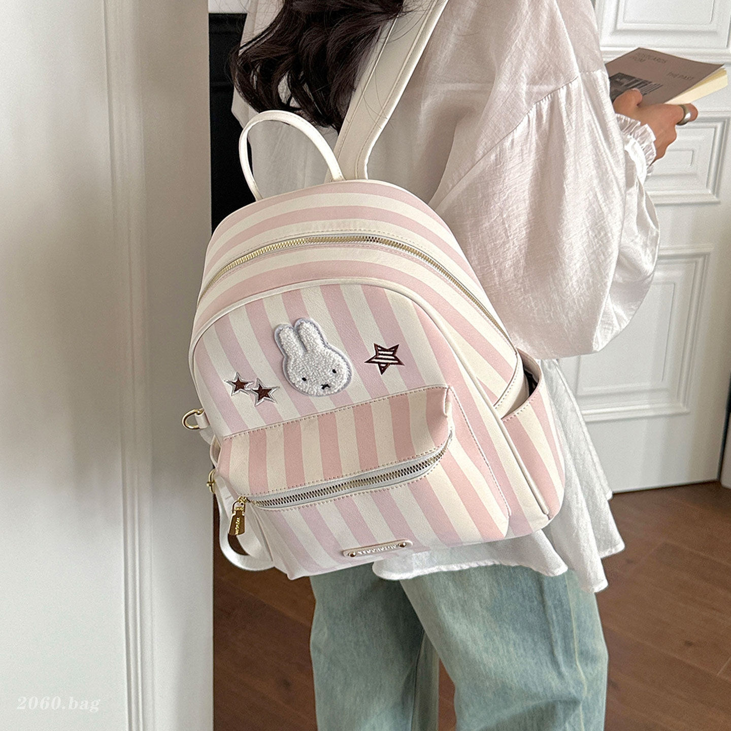 Verano fiesta mochila conejo popular lindas rayas de dibujos animados nuevos estudiantes 2026 mini mochila de mujer