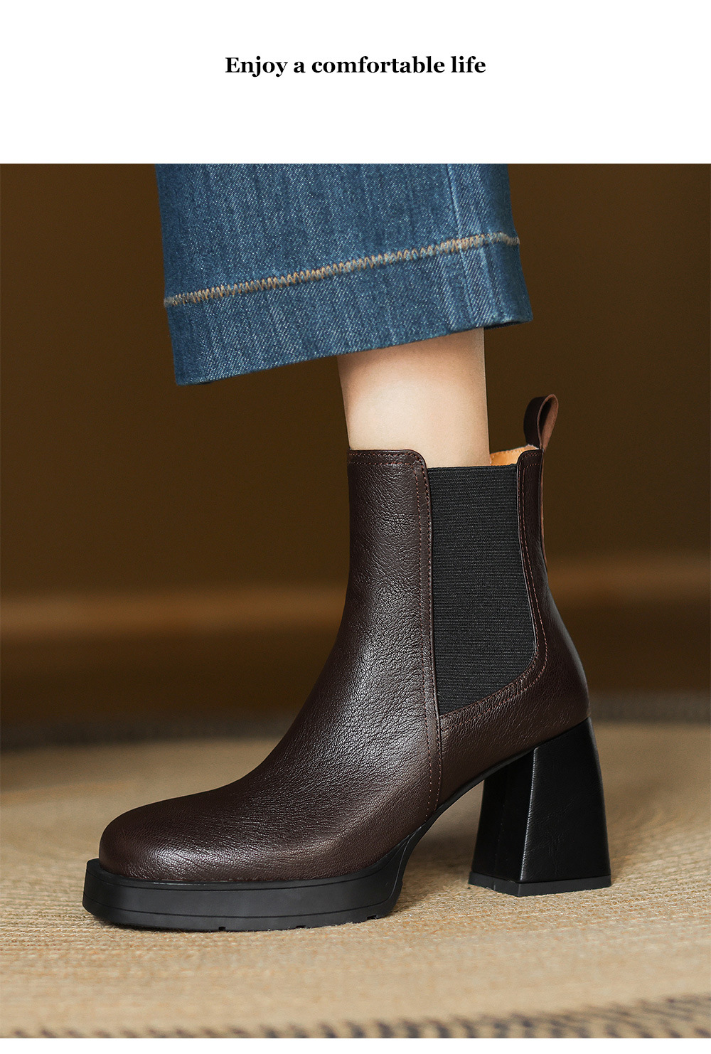 Boot Chelsea cổ ngắn mũi vuông da dê mềm, gót dày platform, phong cách cổ điển, dáng slip-on thu đông — nhung đen, Nhung nâu, Lớp lót đơn màu đen, Lớp lót đơn màu nâu chi tiết 10