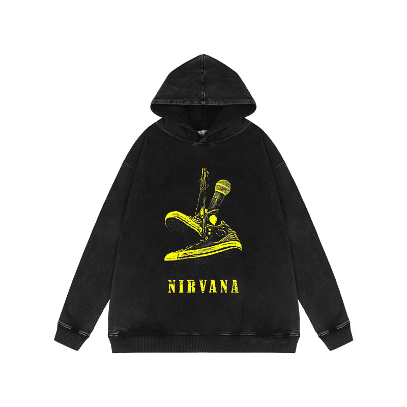 400g Heavyweight Washed Distressed Hooded Sweatshirt Nirvana Rock Nirvana Band American High Street Retro Jacket