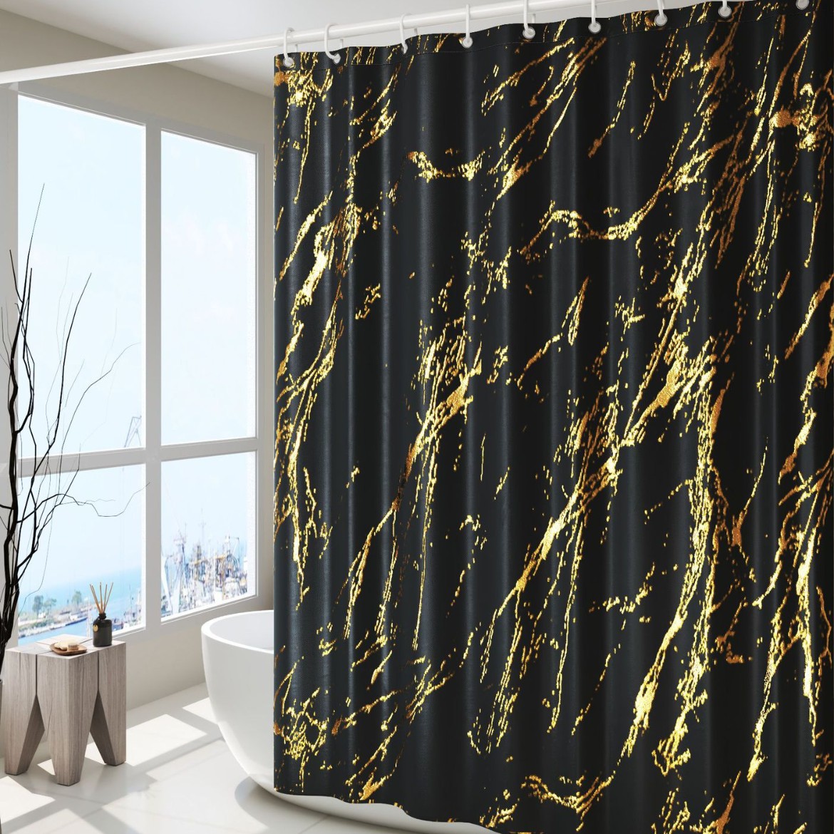 Rusia venta caliente de lujo ligero de alto nivel estampado de oro y plata estampado cortina de baño impermeable cortina de partición de baño cortina de baño sin perforación cortina de baño
