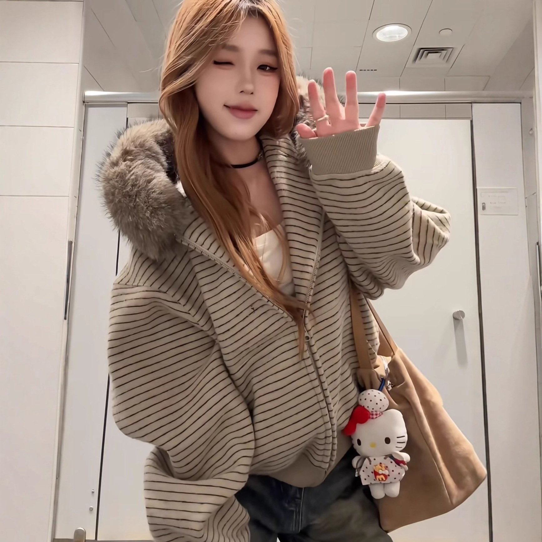 2025美式条纹秋冬季毛领连帽毛衣女新款宽松休闲百搭针织外套