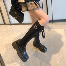 厚底长筒靴女系带小个子高跟松糕底2022年秋冬新款高筒靴骑士靴子