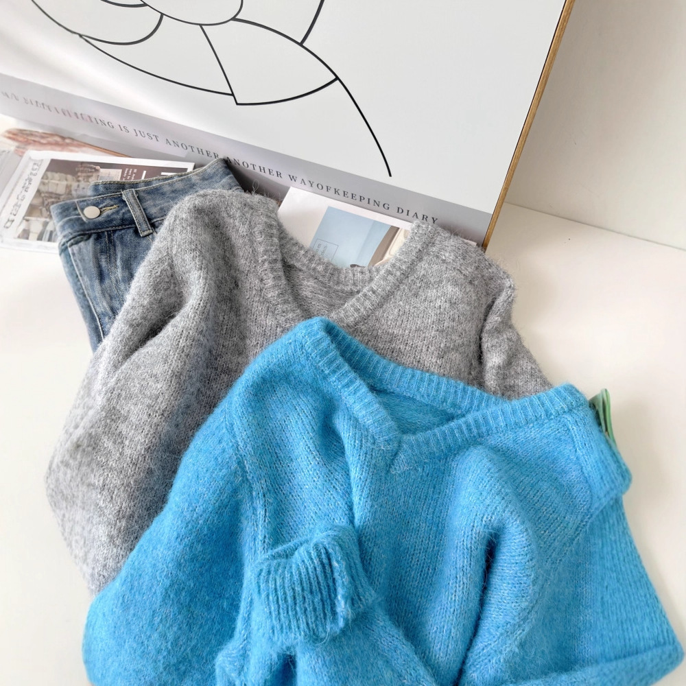 蓝色v领软糯仿浣熊绒毛衣女宽松慵懒风套头针织衫高级感上衣6156