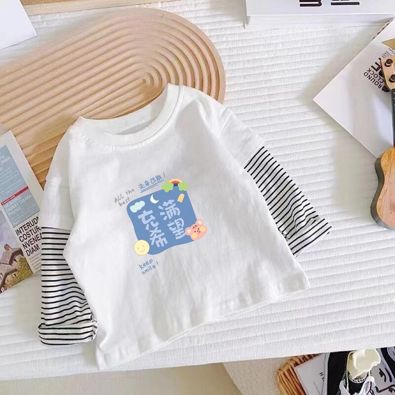 Boys and Girls Pure Cotton Fake Two-Piece Long-Sleeve Shirt, Spring and Autumn Korean Style Versatile Patchwork Striped Base Shirt for Young Children