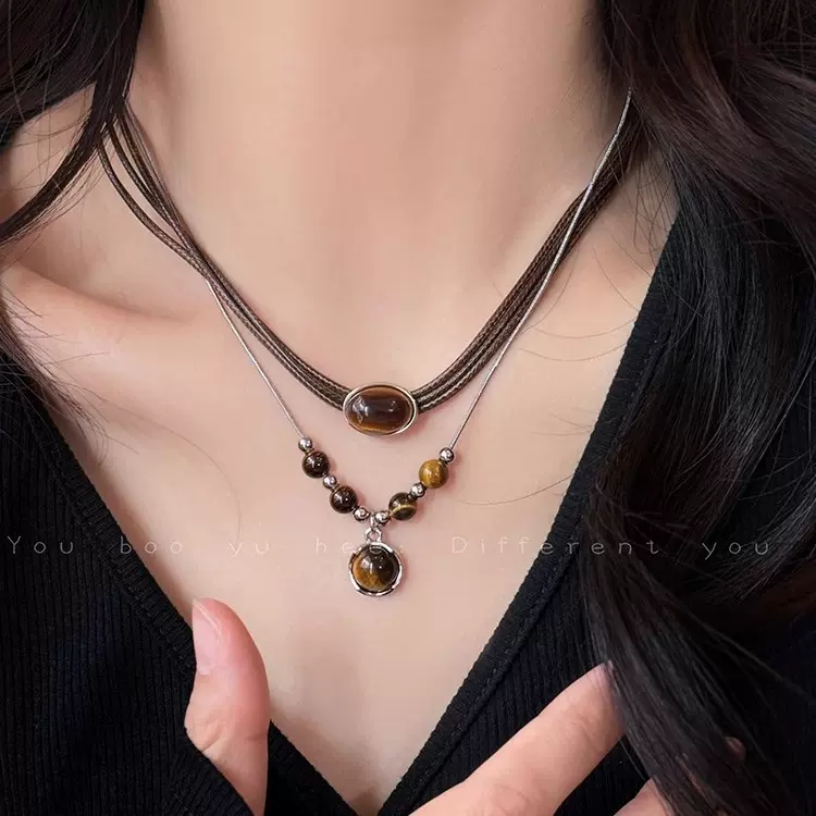 皮革虎眼石项链女轻奢叠戴项链高级感小众锁骨链复古双层颈链配饰