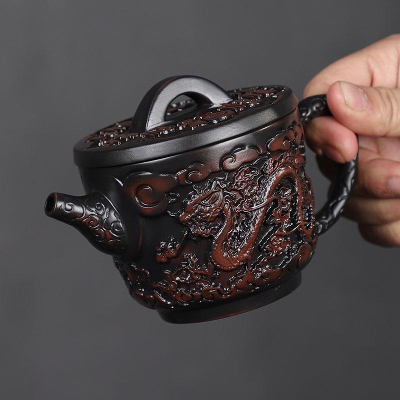 Jianshui Purple Pottery Teapot Tea Set Pure Hand-carved Dragon and Phoenix Chengxiang Tea Pot Special High-end Purple Pottery Pot for Tea at Home