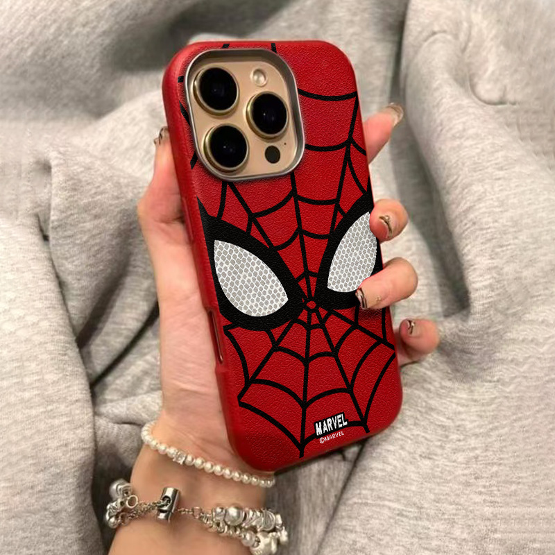 Metal Frame Leather Texture Trendy Cool Spider-Man Suitable for Apple 16Promax Mobile Phone Case Iphone15/14Pro All-Inclusive