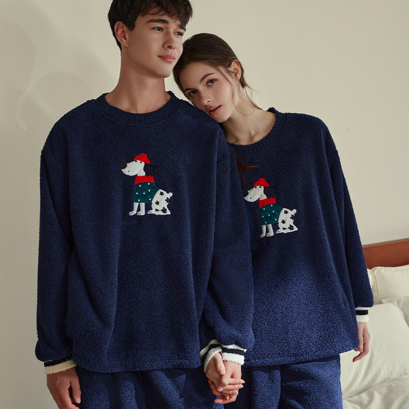 Half Velvet Couple Pajamas Round Neck Pullover Fleece-Lined Thickeneded Winter Loose Cartoon Ladies Home Wear Winter Suit