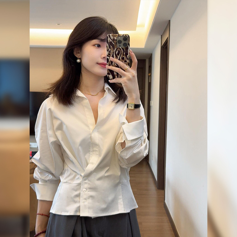 White Polo Collar Waist Long-sleeved Shirt Shirt Women's 2025 Spring New Ouruo Style Design Top