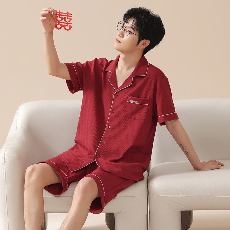 Verano nuevos hombres cardigan pijamas de manga corta puro algodón rojo boda casual waffle desgaste del hogar se puede usar fuera de verano