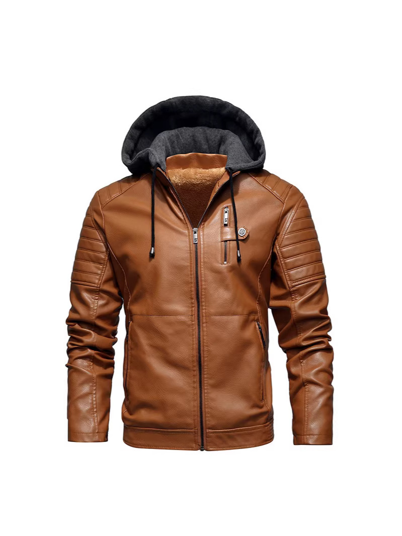 2023 otoño e invierno nuevo abrigo de cuero de los hombres jóvenes abrigo de cuero con Capucha forrada de lana abrigo de los hombres fábrica