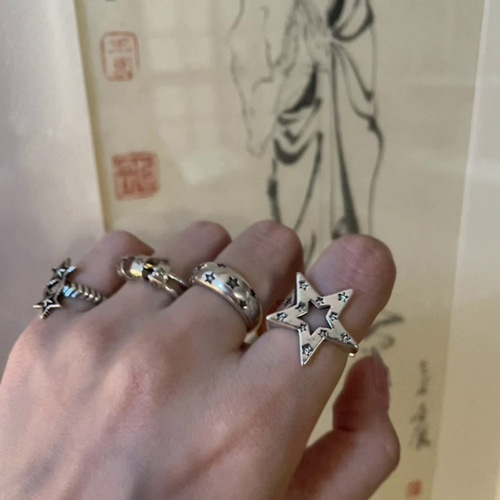 Vintage Retro Distressed Minority Personality Engraved Five-Pointed Star Silver-Plated Ring for Women, Instagram Style Open Adjustable Finger Ring