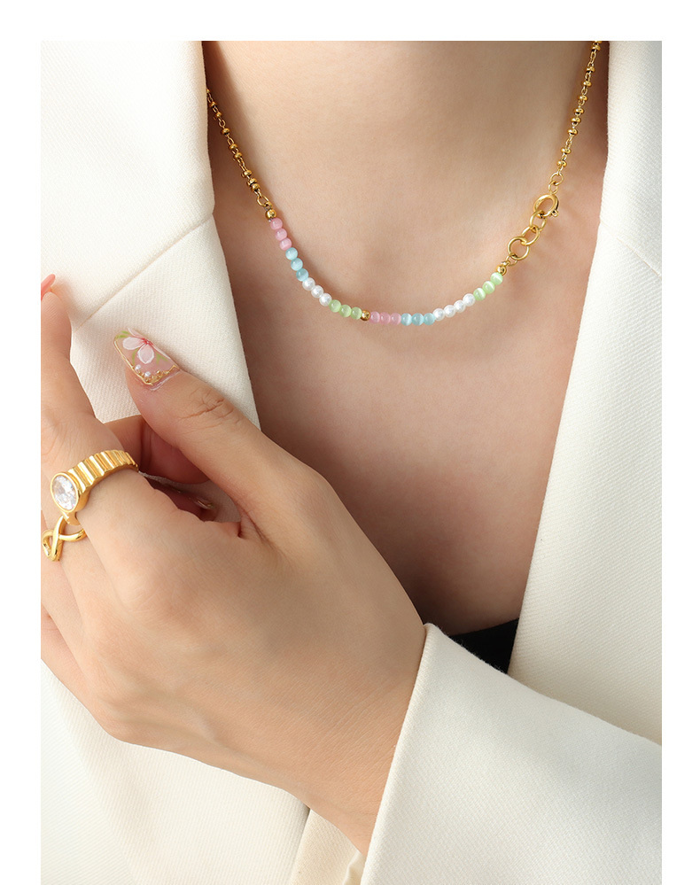 Simple Style Flower Titanium Steel Necklace Inlay Artificial Pearls Opal Stainless Steel Necklaces_colorza_3