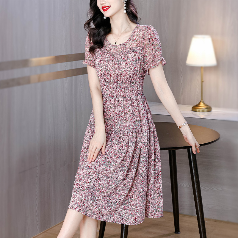 Hangzhou Silk Dress for Women 2026 Summer New High-End Fashion Floral Print Mid-Length Dress for Middle-Aged Moms Wholesale