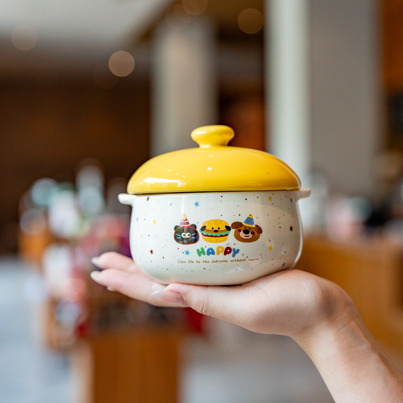 Cross-Border Exclusive Supply of Ceramic Steaming Egg Bowls with Lids, Water-Proof Stew Pots, Soup Pots, Household Cute Tableware for Children and Baby Food Supplements