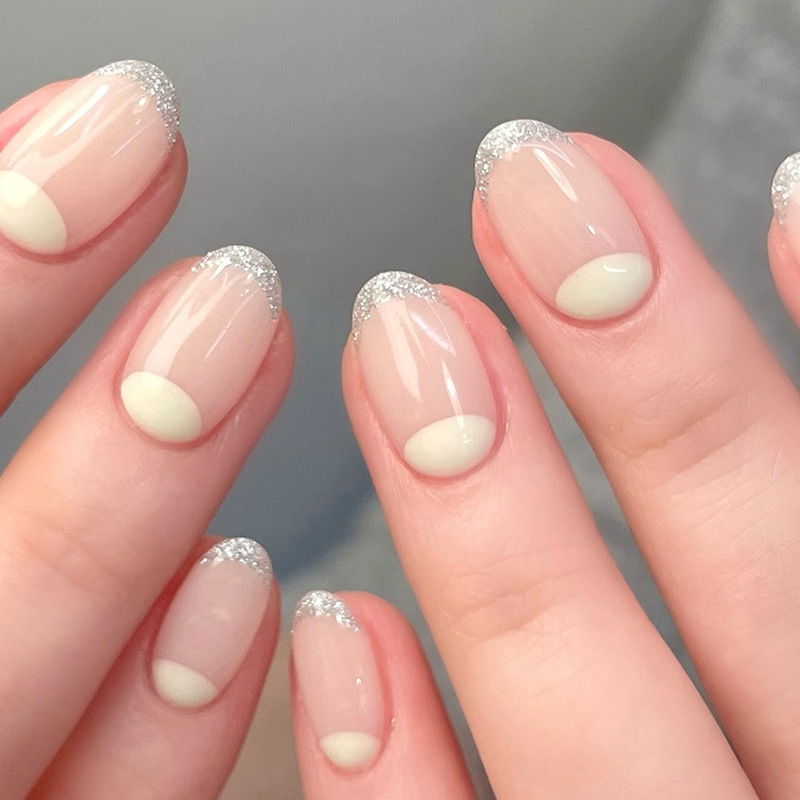 silver Glitter French Yellow Crescent Simple Short Oval Nail Nail Nail Nail Nail Nail Nail Nail Nail Nail Nail Nail