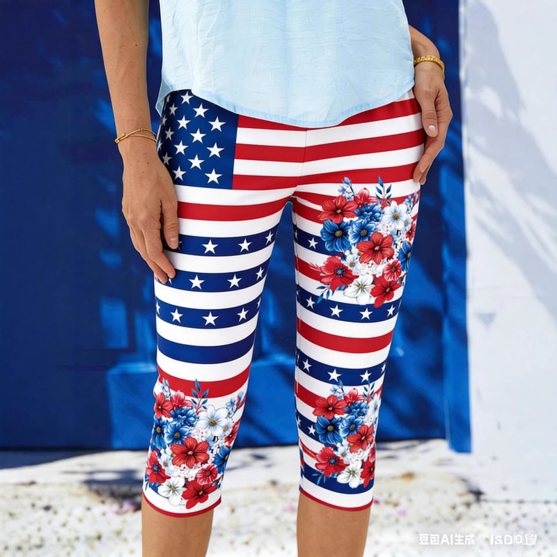 Temu Independent Site New Independence Day Elements 3D Digital Printing Casual Trendy Yoga Shorts Women's Leggings