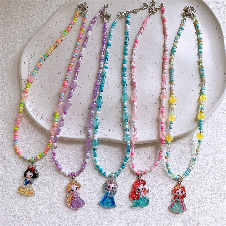 Cute Children's Cartoon Glitter Princess Beaded Necklace Sweet Girl Colorful Pendant Hanging Chain Clavicle Chain Necklace Jewelry