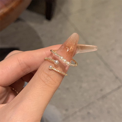 Pearl ring women's fashion personality ins niche design light luxury simple and exquisite two-piece ring opening temperament