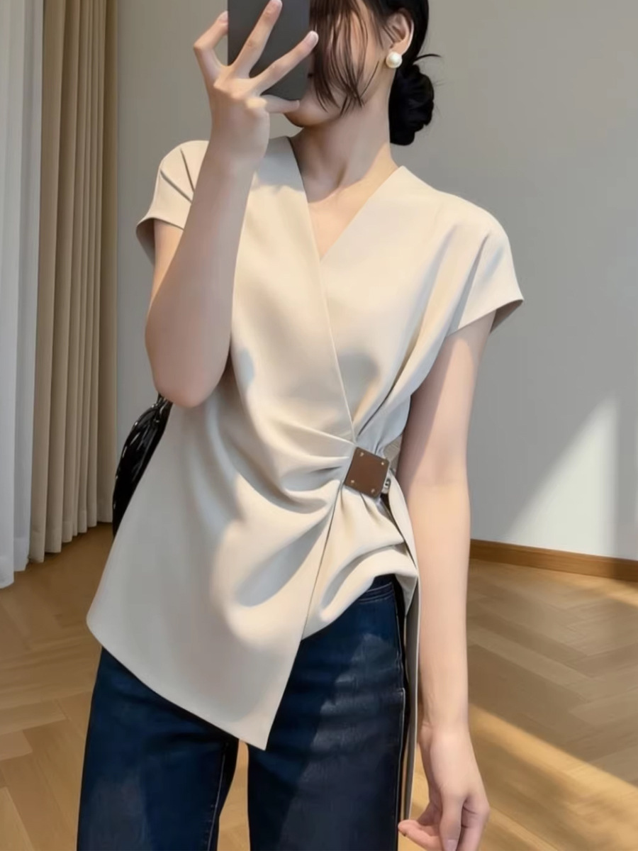 Áo thun nữ cổ V ngắn tay phong cách Pháp, thiết kế thắt lưng tạo dáng gầy — Màu ảnh