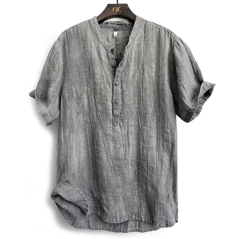 23t01 Classy Pure Linen Short-Sleeved T-Shirt Men's Summer Thin Chinese Style Stand-Up Collar Half-Sleeved Loose Casual Top