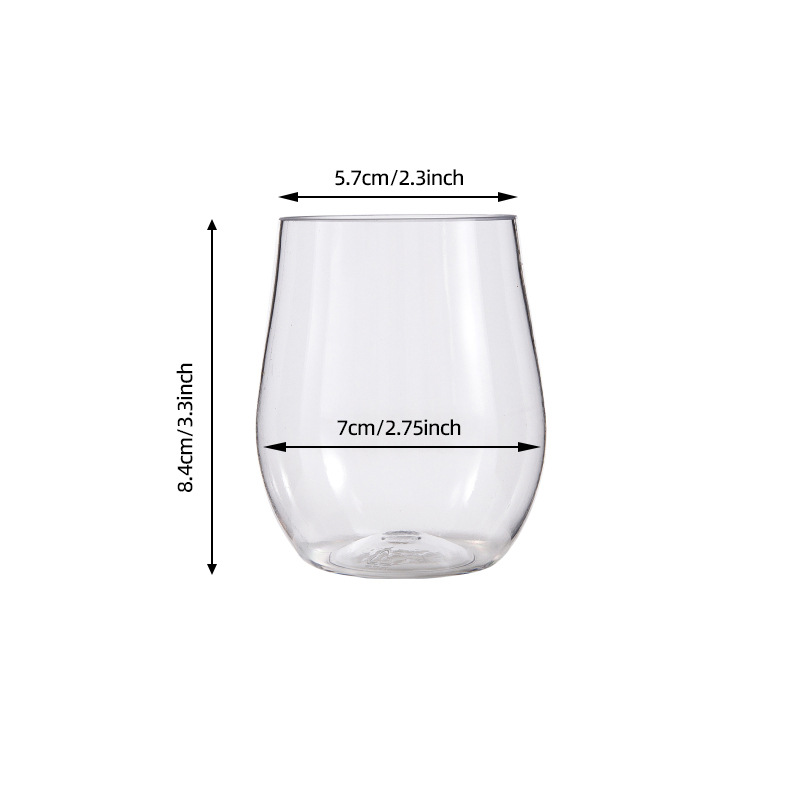 Copa de vino tinto de plástico Copa de jugo de pet8oz Copa de vino tinto transparente en forma de huevo Copa de vino tinto desechable con patrón imprimible
