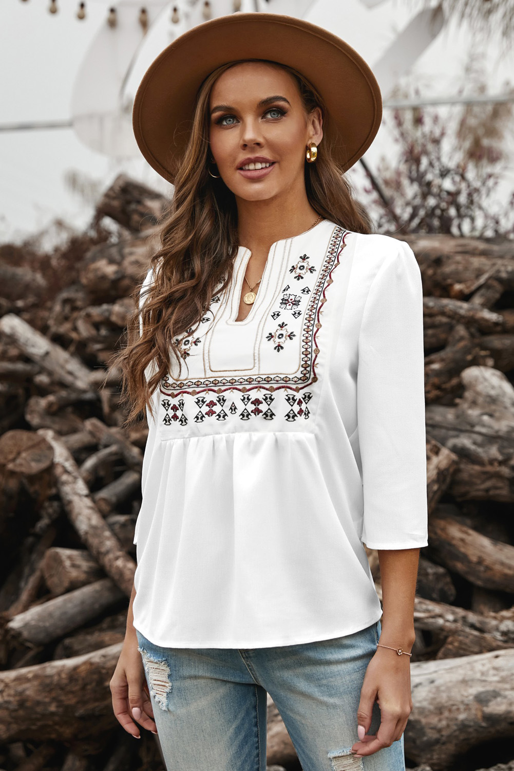 summer new embroidery deep v-neck shirt NSSI48503